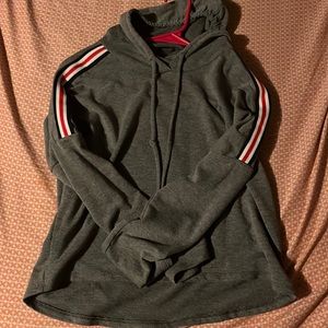 grey hoodie with some stripes on the upper sleeves. very comfy. Medium.